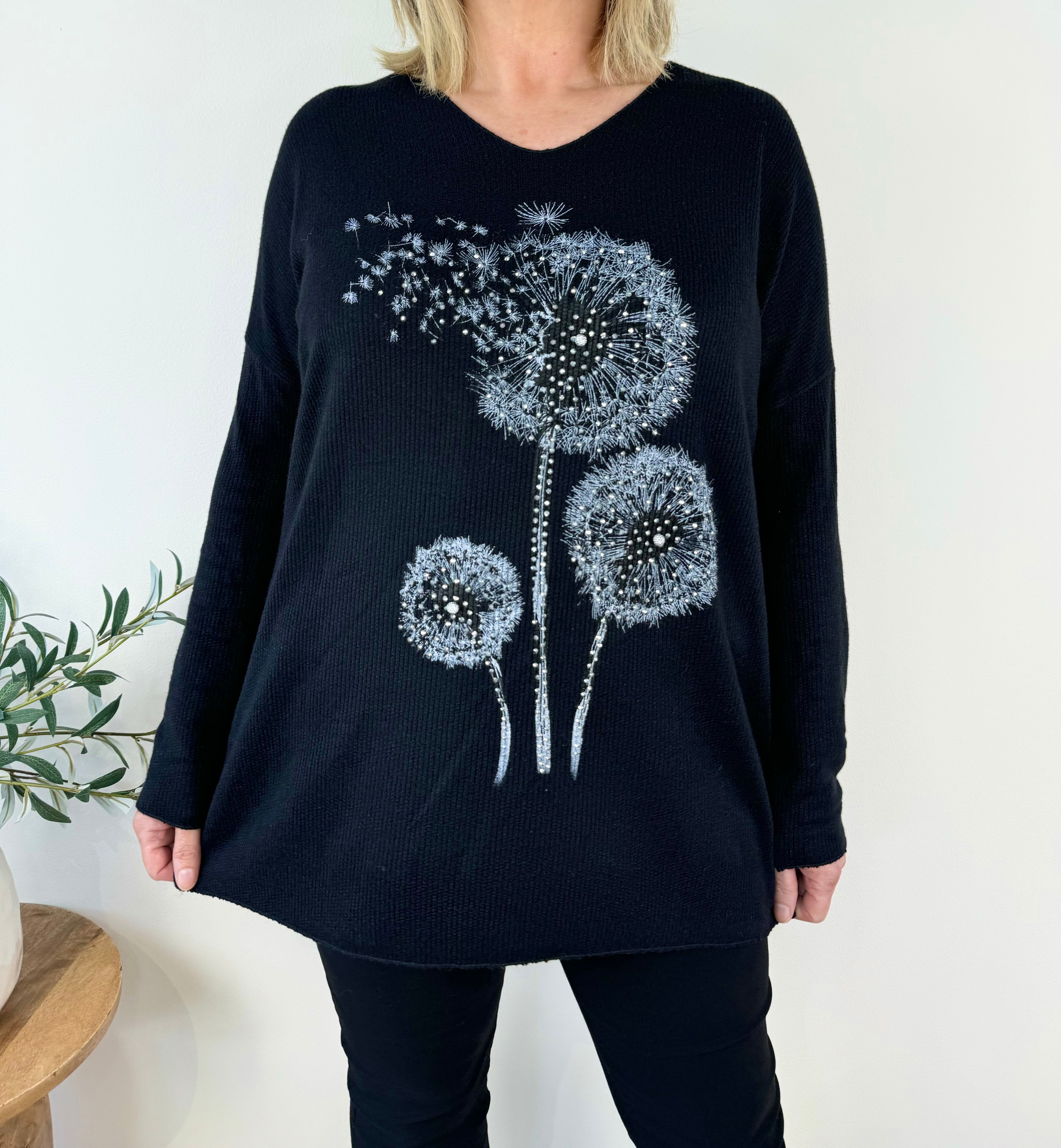 Wool Mix Diamanté Dandelion Ribbed Knit Top AW24