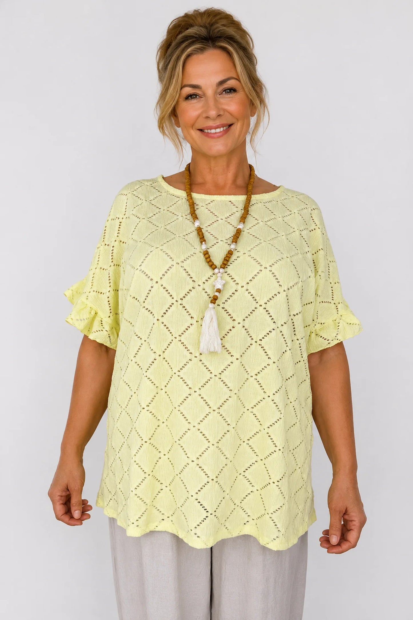 Lightly Textured Frill Sleeve Giana Necklace Top - Lemon