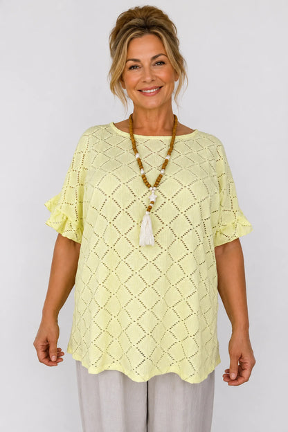 Lightly Textured Frill Sleeve Giana Necklace Top - Lemon