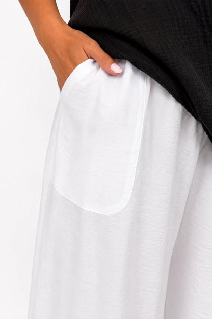 Elasticated Smocked Waist Patch Pocket Milan Wide Leg Pants - White