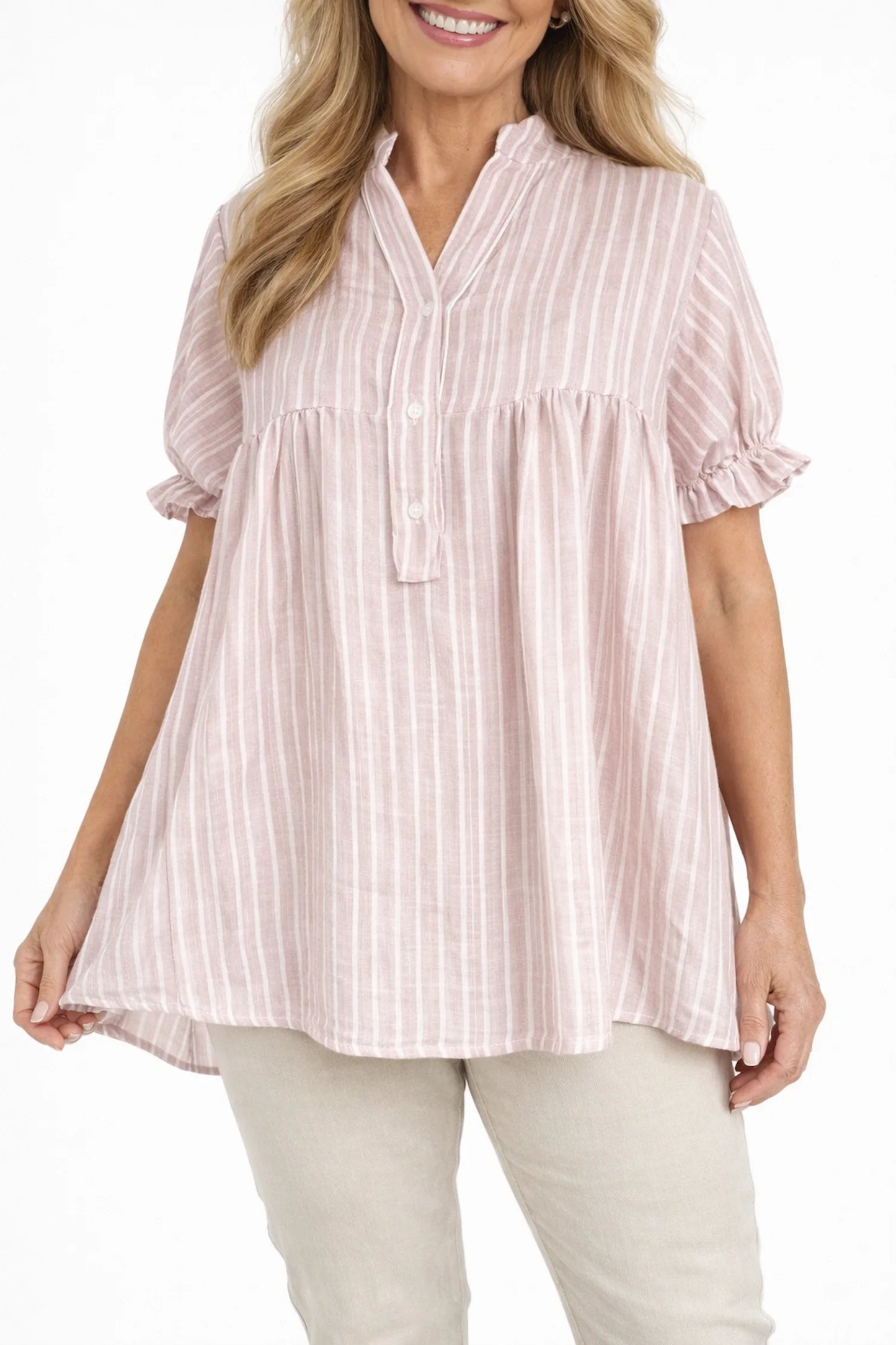 Premium Stitch Elasticated Frill Sleeve Nadine Button Shirt - Washed Rose