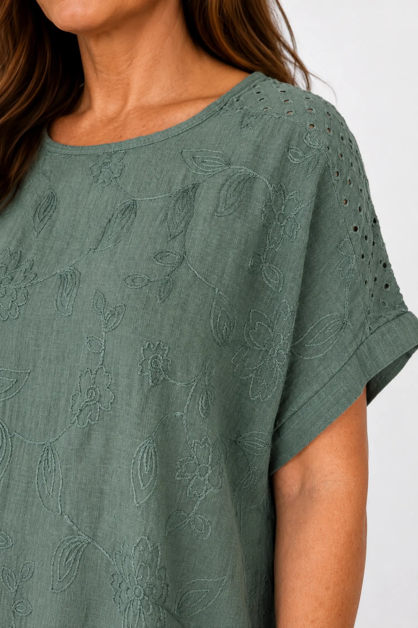 Pure Cotton Embroidery Anglaise Crochet Sleeve Devure Top - Khaki