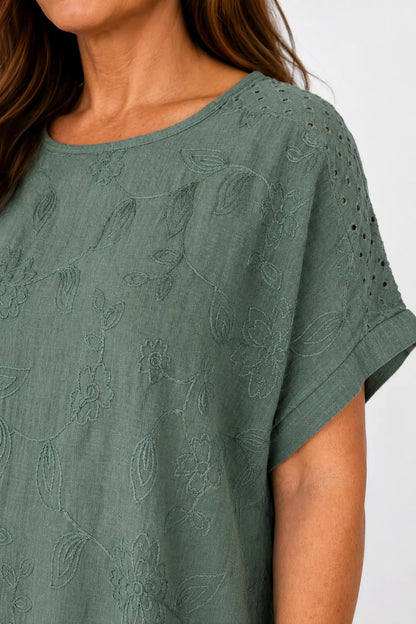 Pure Cotton Embroidery Anglaise Crochet Sleeve Devure Top - Khaki