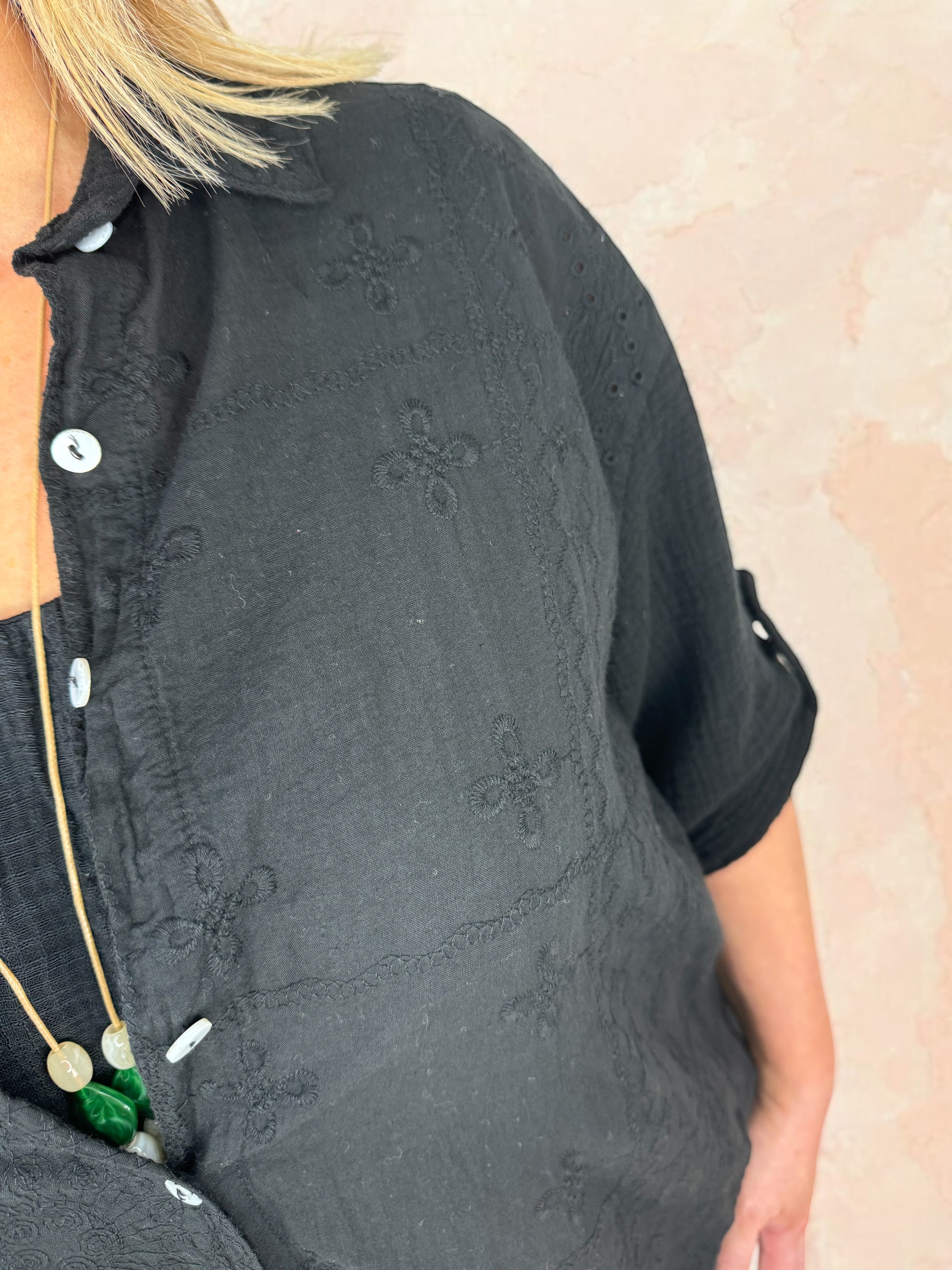 Pure Bubble Cotton Button Sleeve Embroidery Anglaise Cruze Shirt - Black