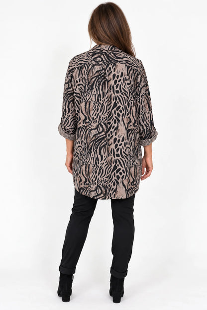 Ziara Button Sleeve Animal Button Shirt - Mocha