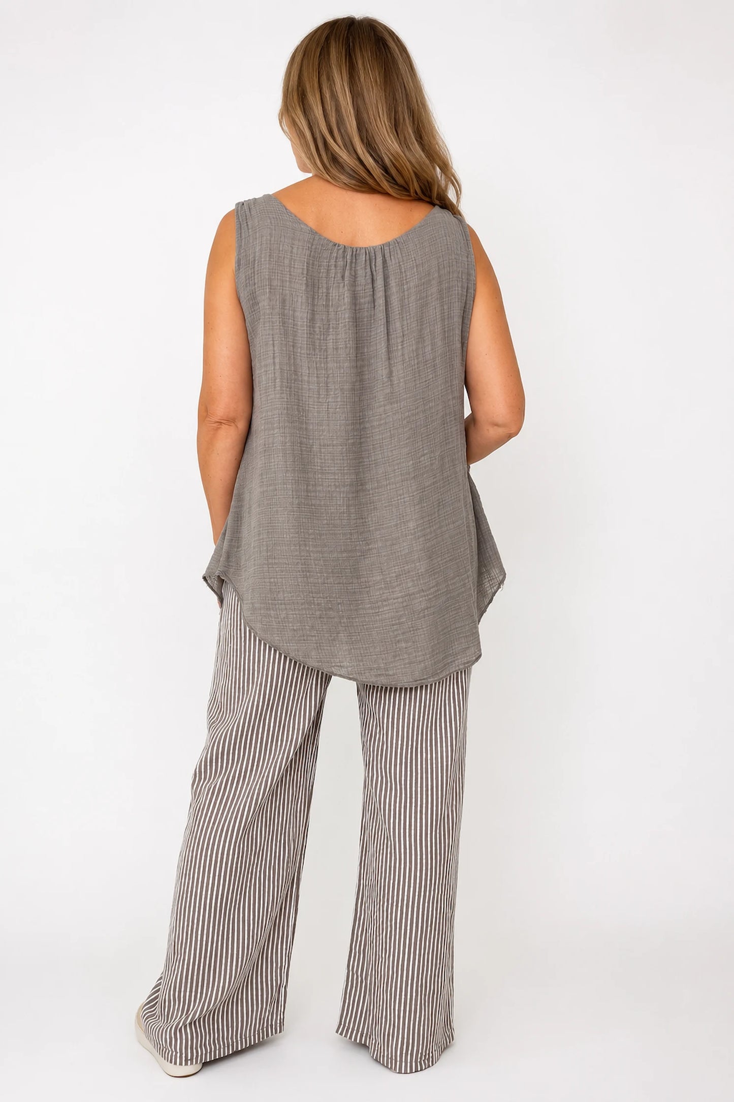 Pure Cotton Double Pocket Elasticated Waist Viera Stripe Pants - Mocha