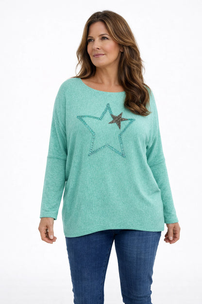 Soft Knit Sparkle Star Batwing Essela Top - Mint Green