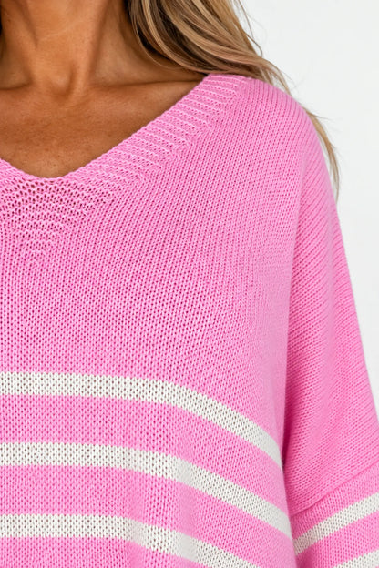 Wool Mix Stripped Diana Top - Candy Pink