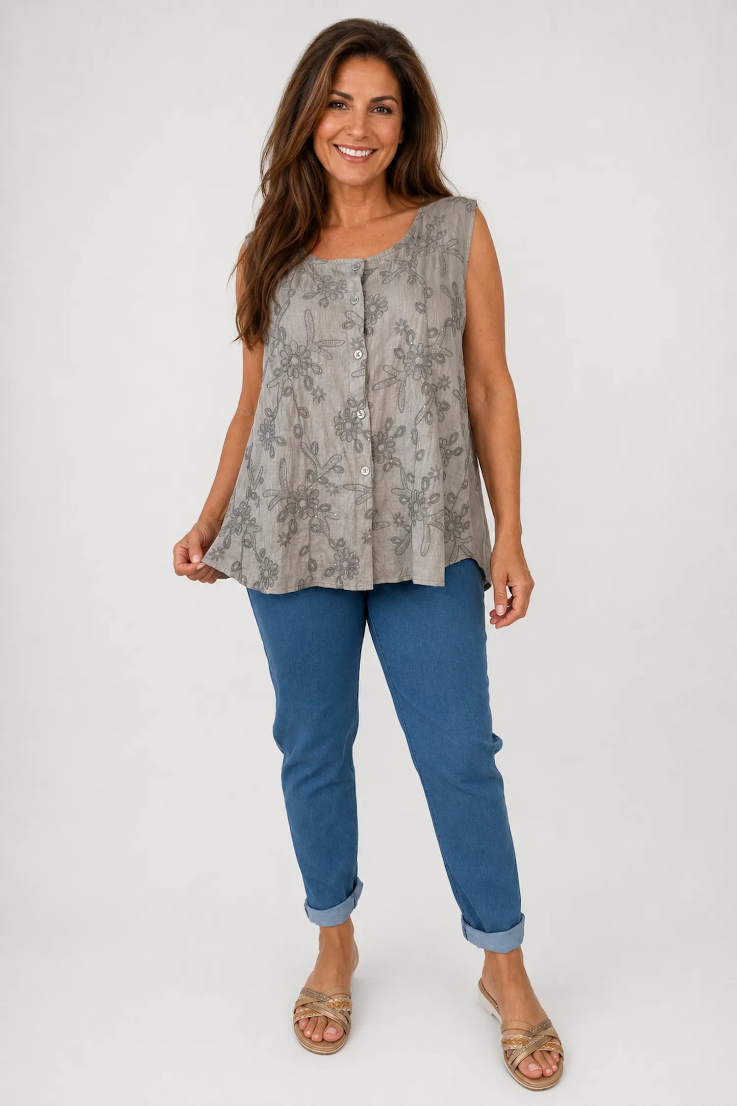 Embroidery Anglaise Golden Sequin Valentina Button Sleeveless Top - Mocha