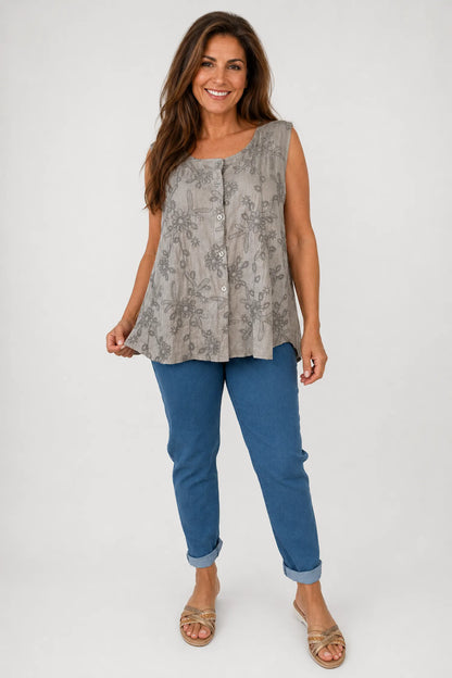 Embroidery Anglaise Golden Sequin Valentina Button Sleeveless Top - Mocha