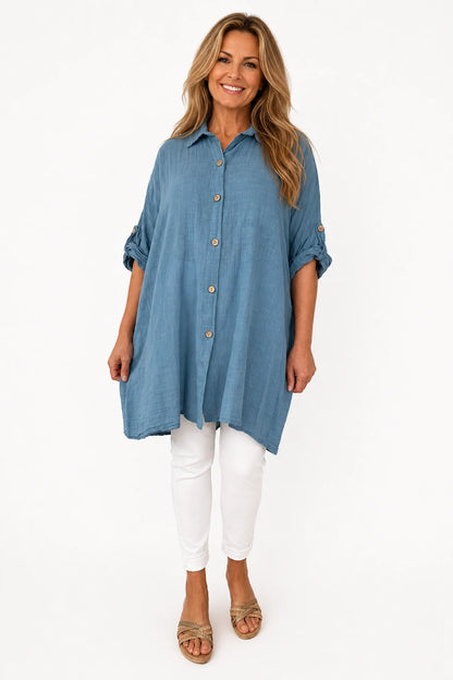 Pure Cotton Button Sleeve Cressida Button Shirt - Denim