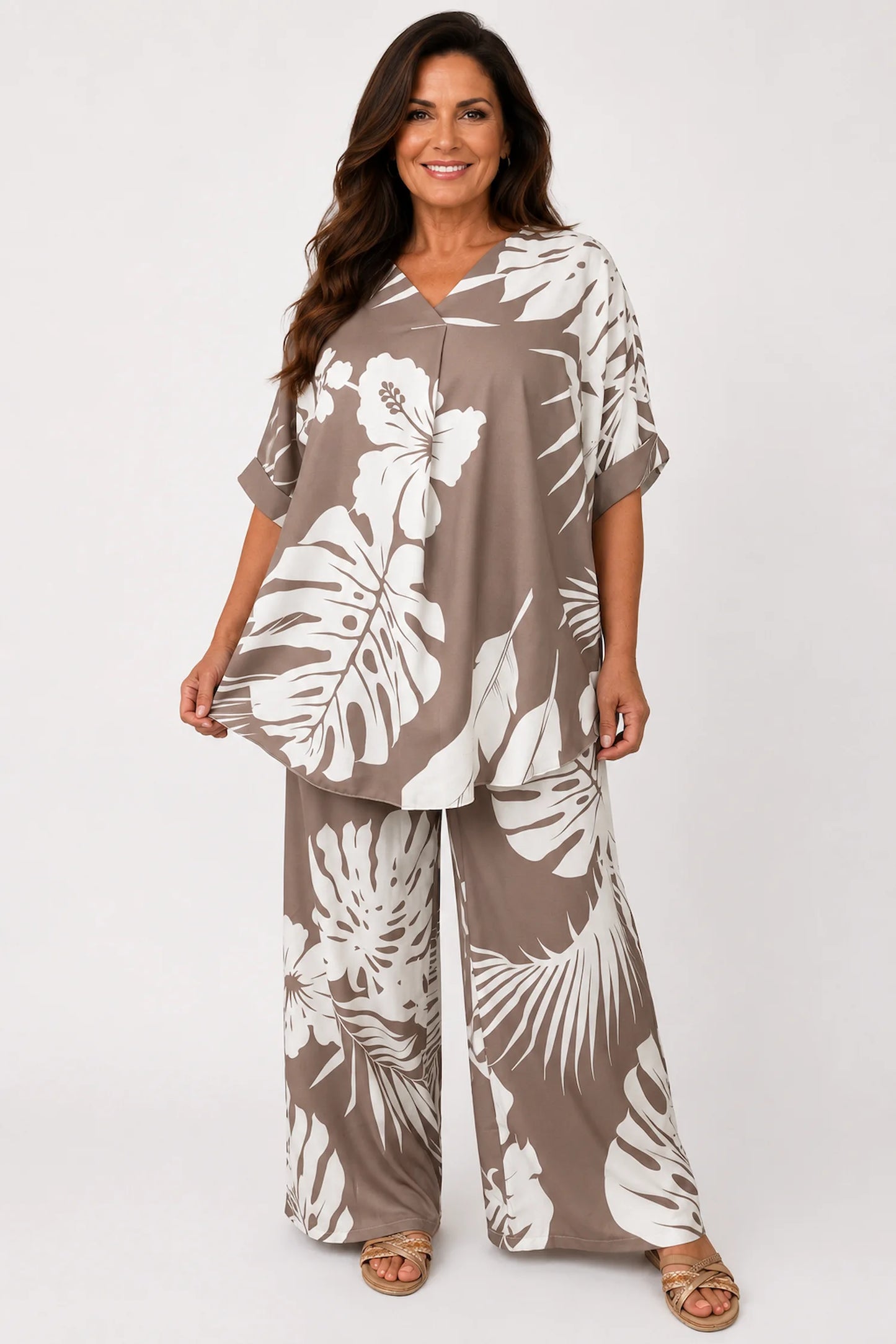 Tropical Print Lightweight Flow Carrisa Top - Mocha