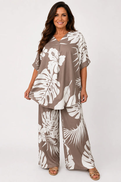 Tropical Print Lightweight Flow Carrisa Top - Mocha