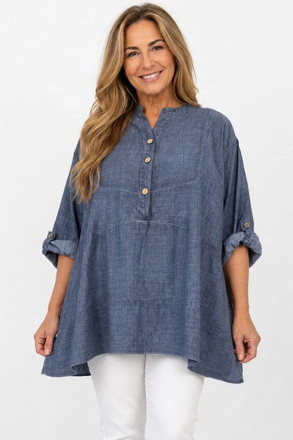 Linen Cotton Blend Button Sleeve Monica Button Shirt - Washed Denim