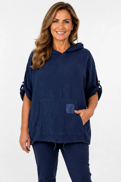 Pure Bubble Cotton Button Sleeve Badge Detail Pocketed Zara Hoodie - Navy