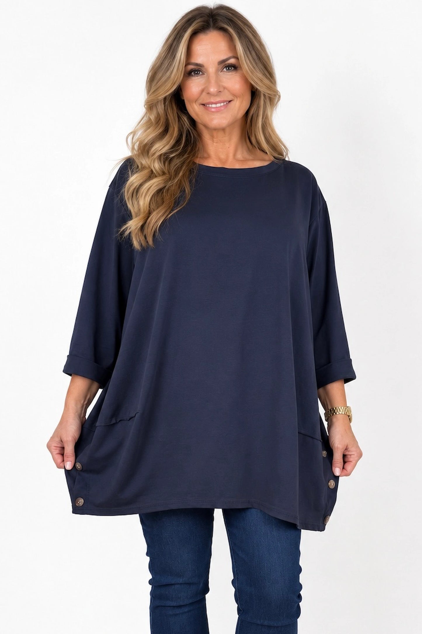 Cotton Button Side Maya Top - Navy