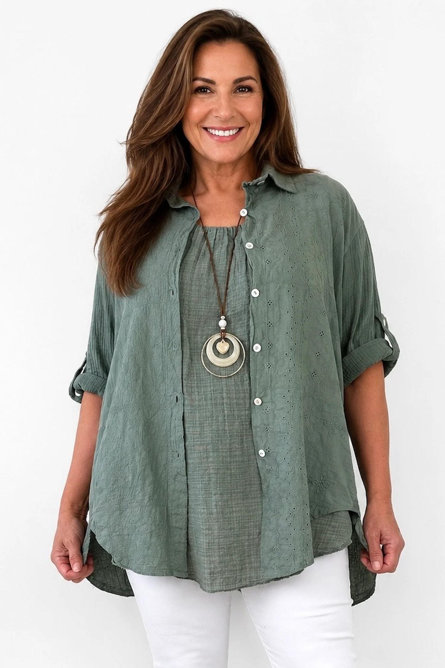 Pure Bubble Cotton Embroidery Anglaise Daphne Button Sleeve Shirt - Khaki