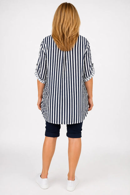 Linen Look Pure Cotton Pocket Detail Cruze Button Sleeve Stripe Shirt - Navy/White
