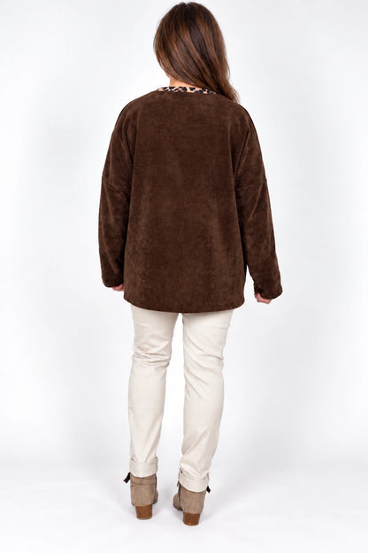 Bella Leopard Line Chenille Necklace Top - Chocolate