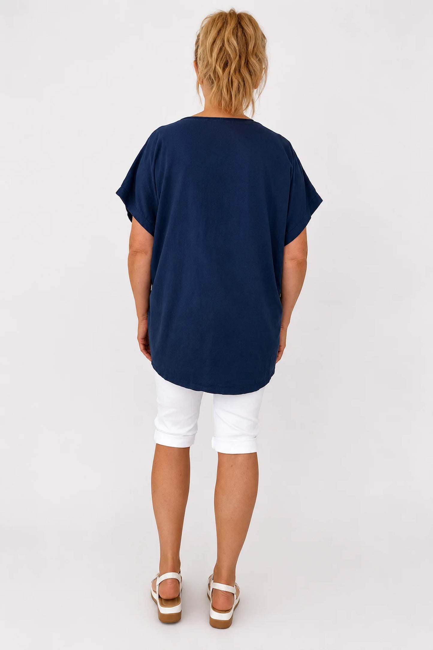 Linen Cotton Mix Diamanté Golden Leaf Carletta Top - Navy