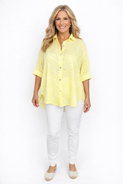 Cotton Embroidery Anglaise Crochet Detail Carlotta Button Shirt - Lemon