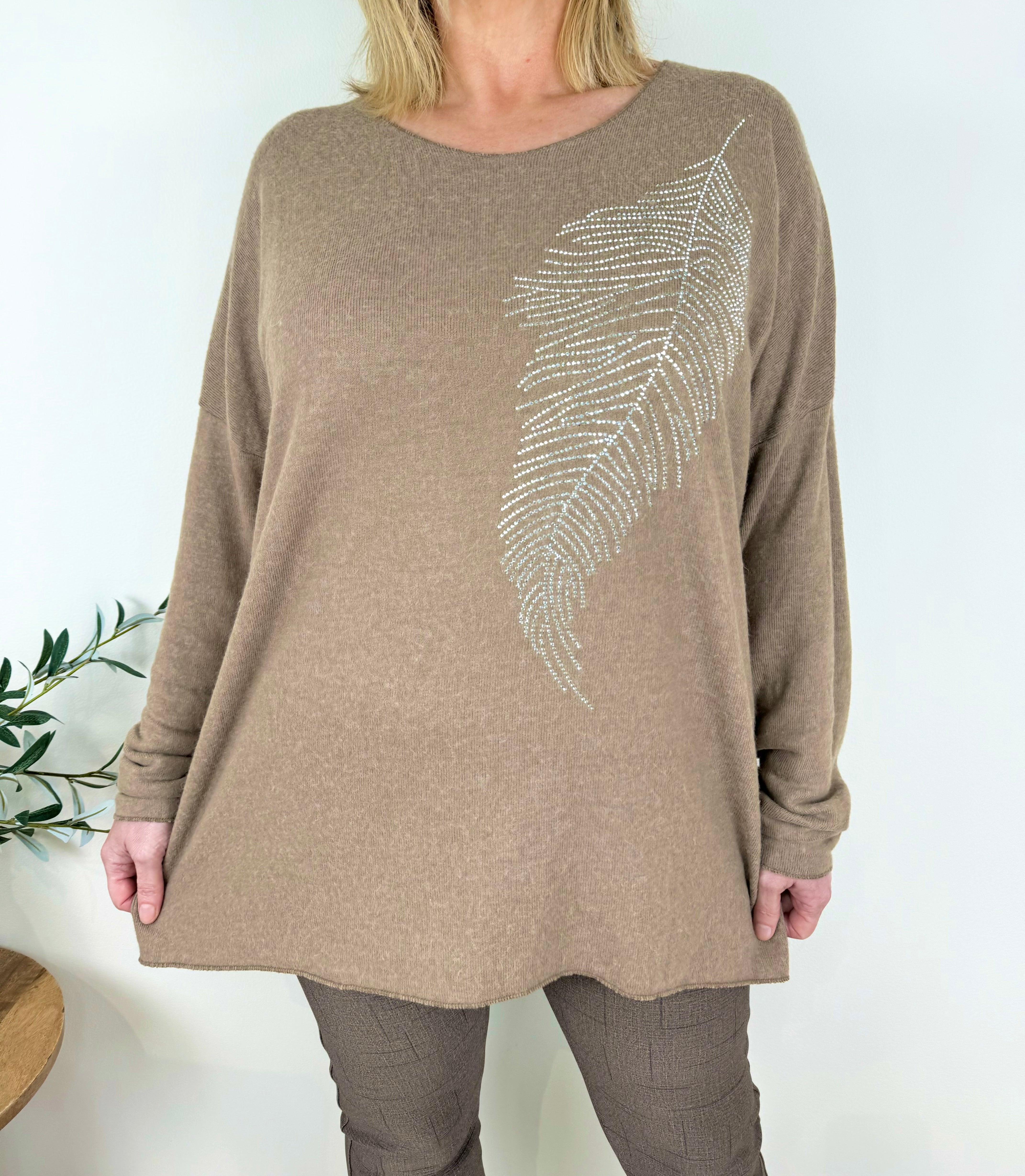 Wool Mix Diamanté Leaf Italia Soft Knit Top AW24