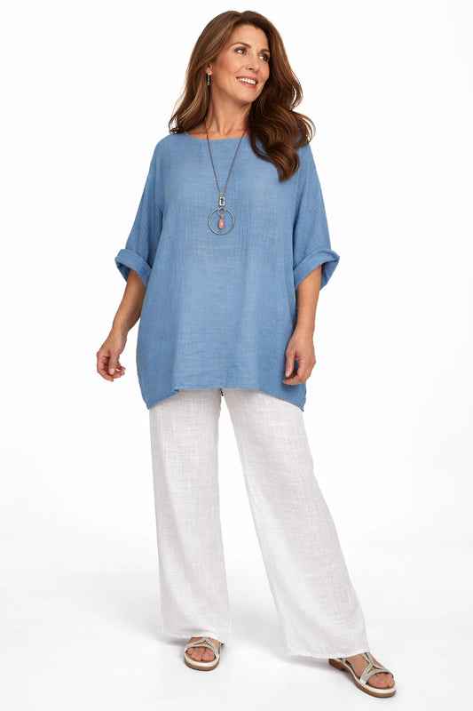 Pure Cotton Linen Look Italia Necklace Top - Denim