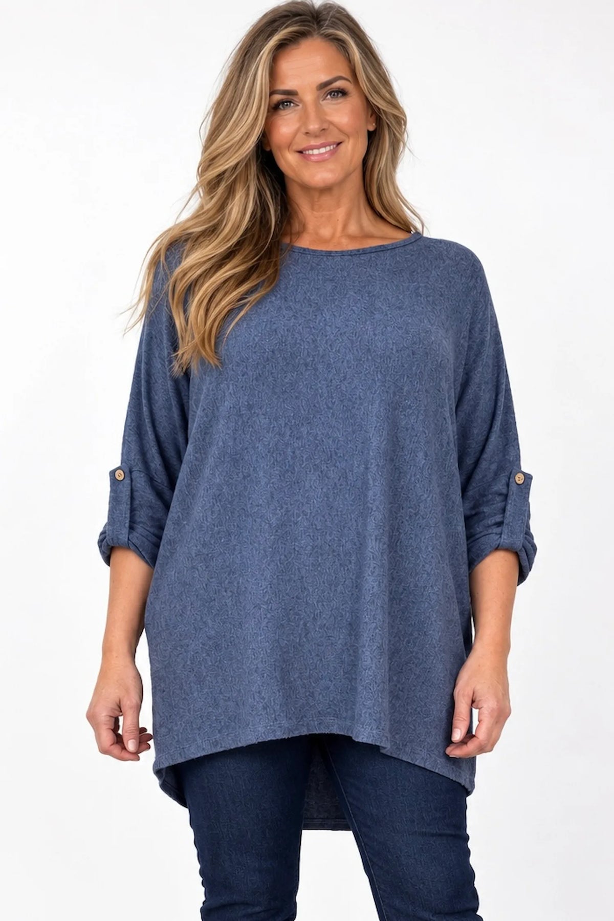 Fine Knit Button Sleeve Batwing Angelica Top - Denim