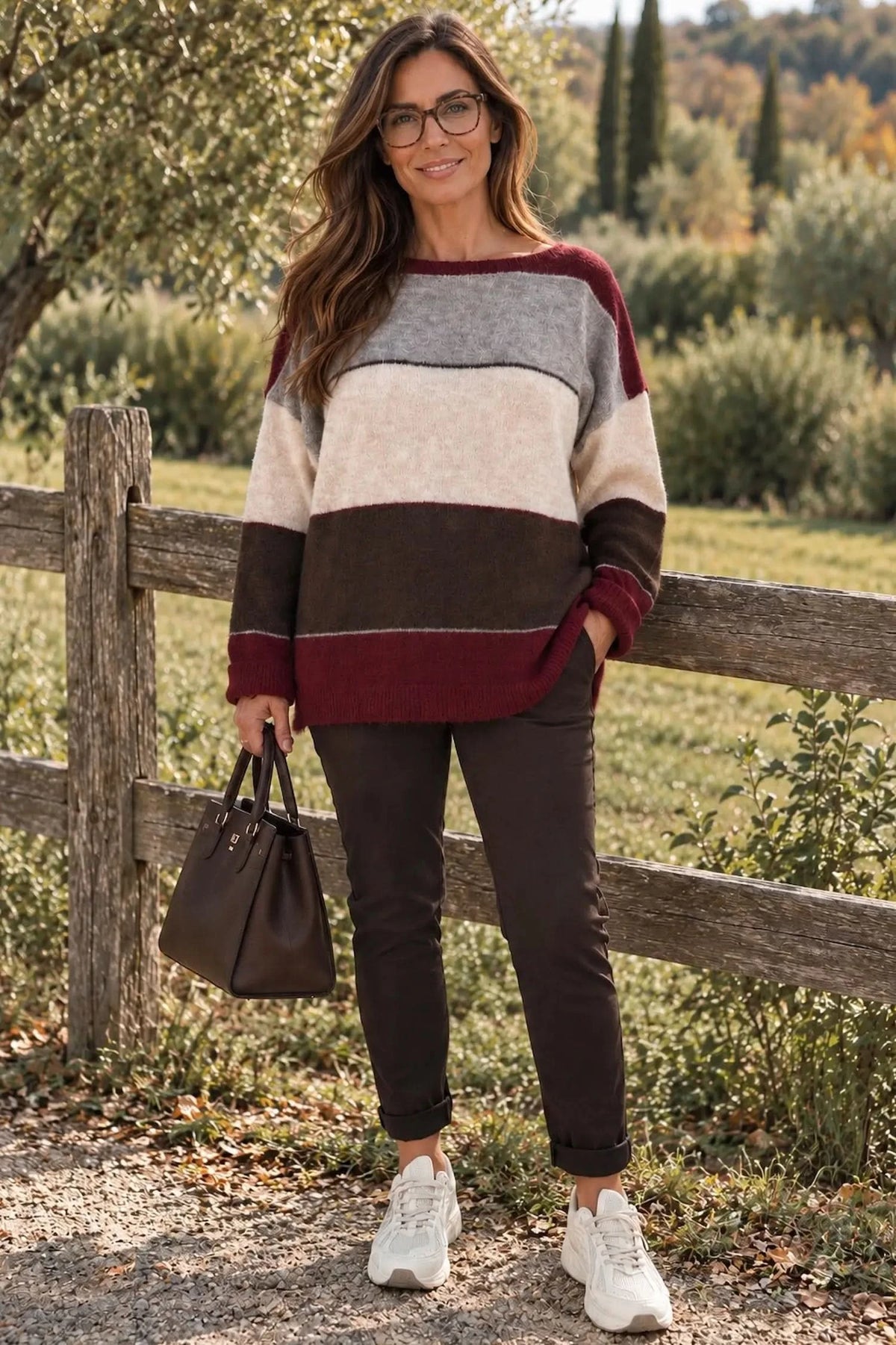Wool Mix Stripe Marie Top - Wine/Mocha/Cream/Chocolate
