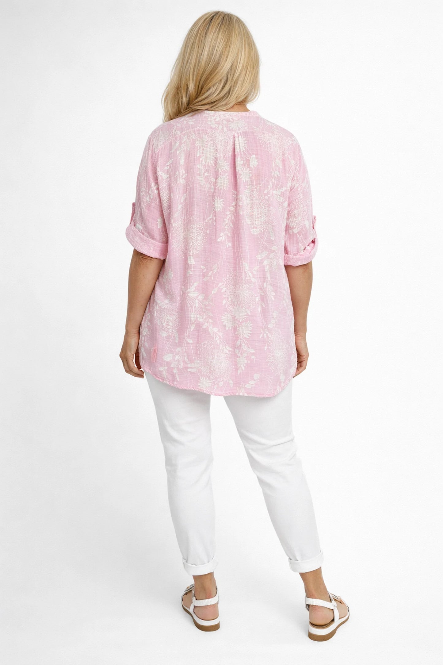 Linen Look Cotton Button Sleeve Ivy Button Shirt - Baby Pink