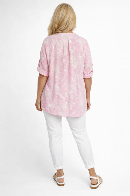 Linen Look Cotton Button Sleeve Ivy Button Shirt - Baby Pink