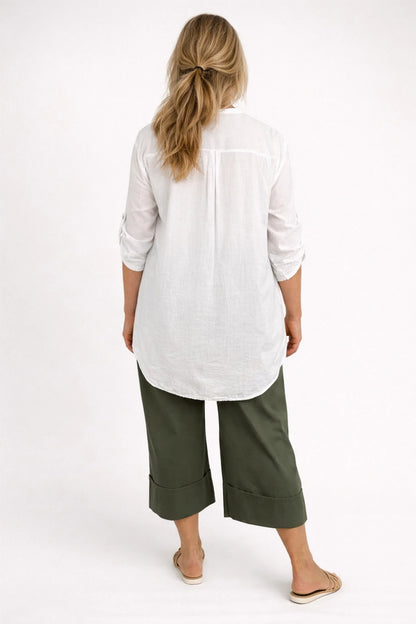 Cotton Button Sleeve Embroidery Anglaise Detail Tatiana Button Shirt - White