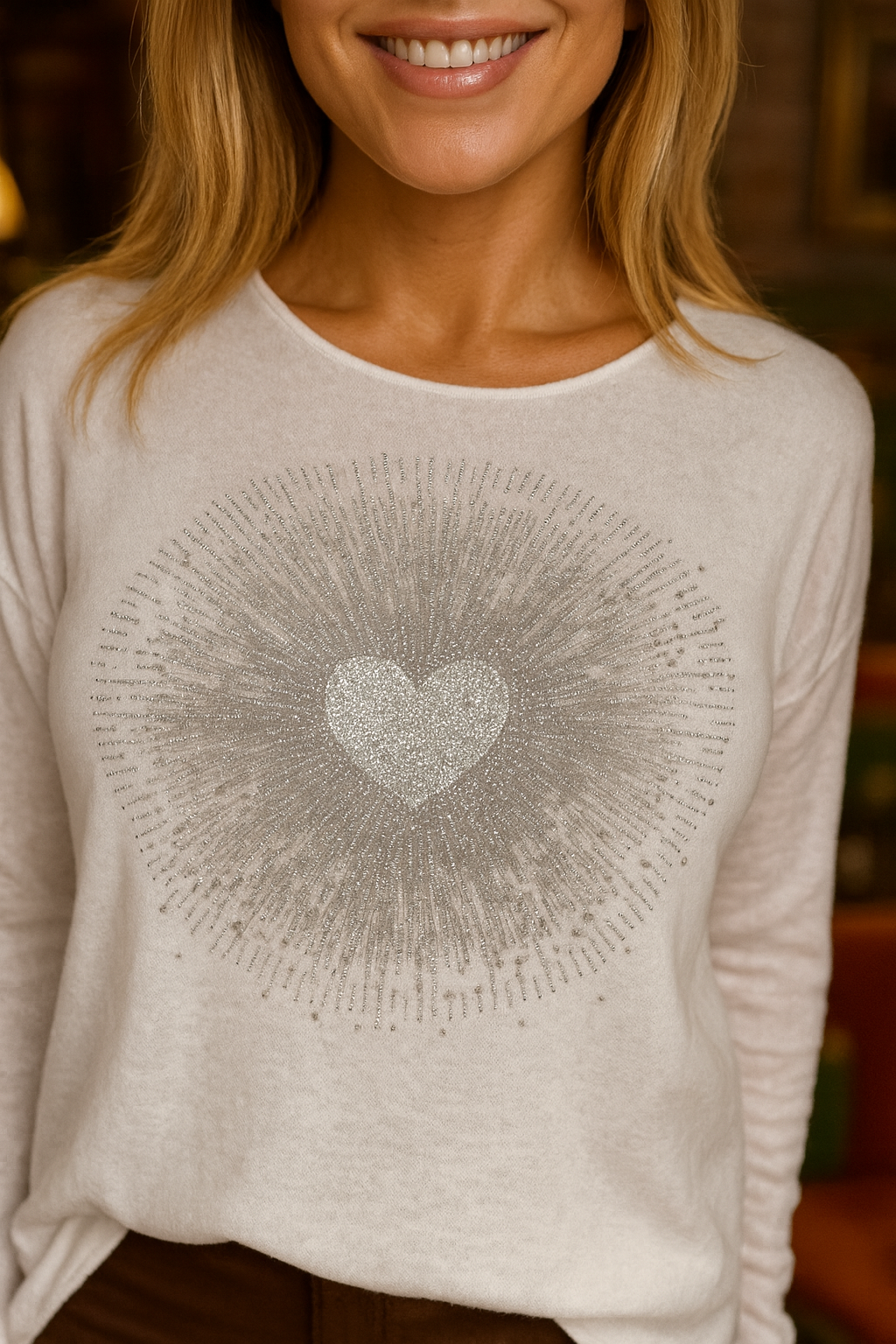 Luxury Soft Knit Diamanté Heart Arilla Jumper - Winter White