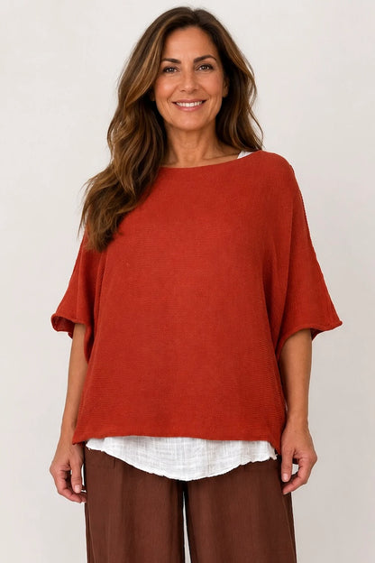 Cotton Seam Sleave Knit Batwing Jude Top - Sunset