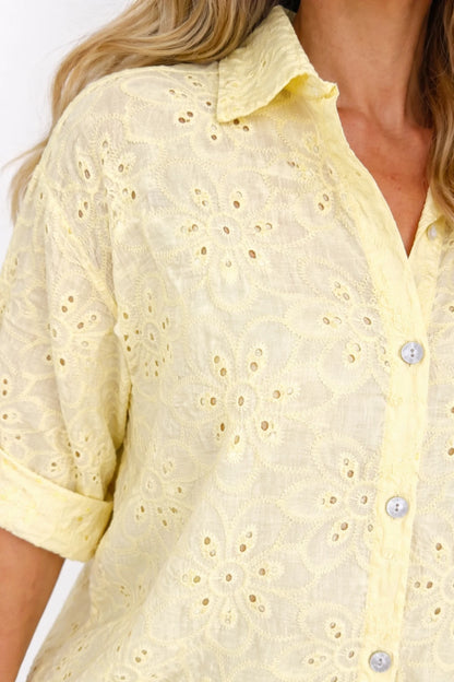 Cotton Embroidery Anglaise Crochet Detail Carlotta Button Shirt - Lemon
