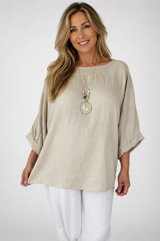 Relaxed Oversized Summer Flow Necklace Top - Beige