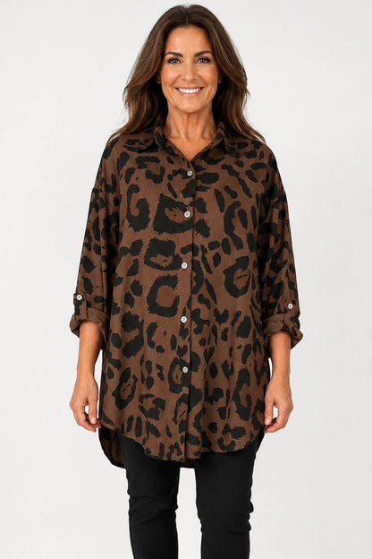 Roxy Leopard Button Sleeve Button Shirt - Chocolate