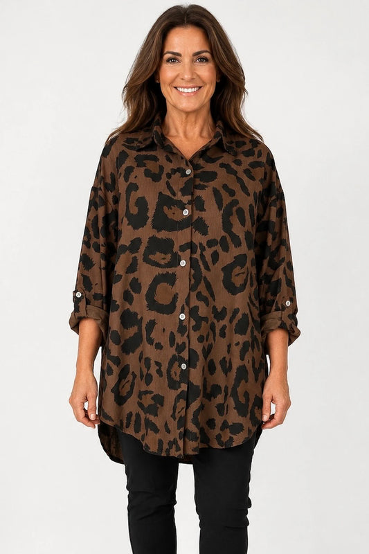 Roxy Leopard Button Sleeve Button Shirt - Chocolate