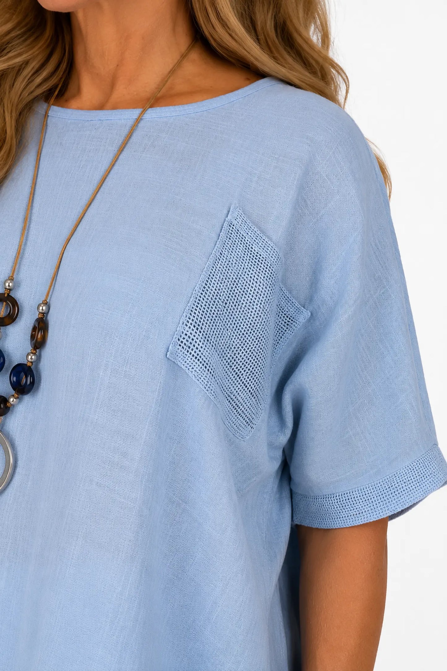 Pure Cotton Mesh Detail Pocketed Portofino Necklace Top - Baby Blue