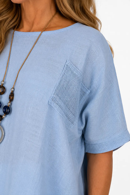 Pure Cotton Mesh Detail Pocketed Portofino Necklace Top - Baby Blue