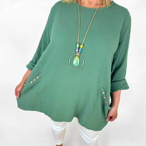Pure Bubble Cotton Double Button Pocket Telia Necklace Top - Khaki