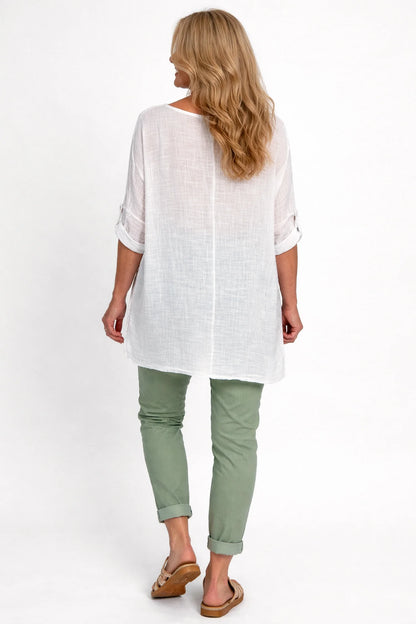 Linen Look Pure Cotton Crochet Detail Button Sleeve Briosa Top - White