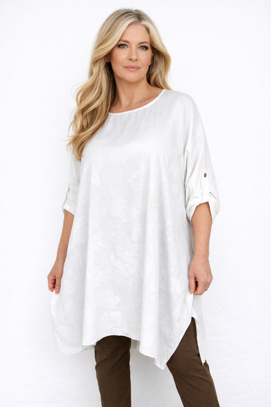 Jacquard Woven Flower Cara Button Sleeve Tunic Top - White