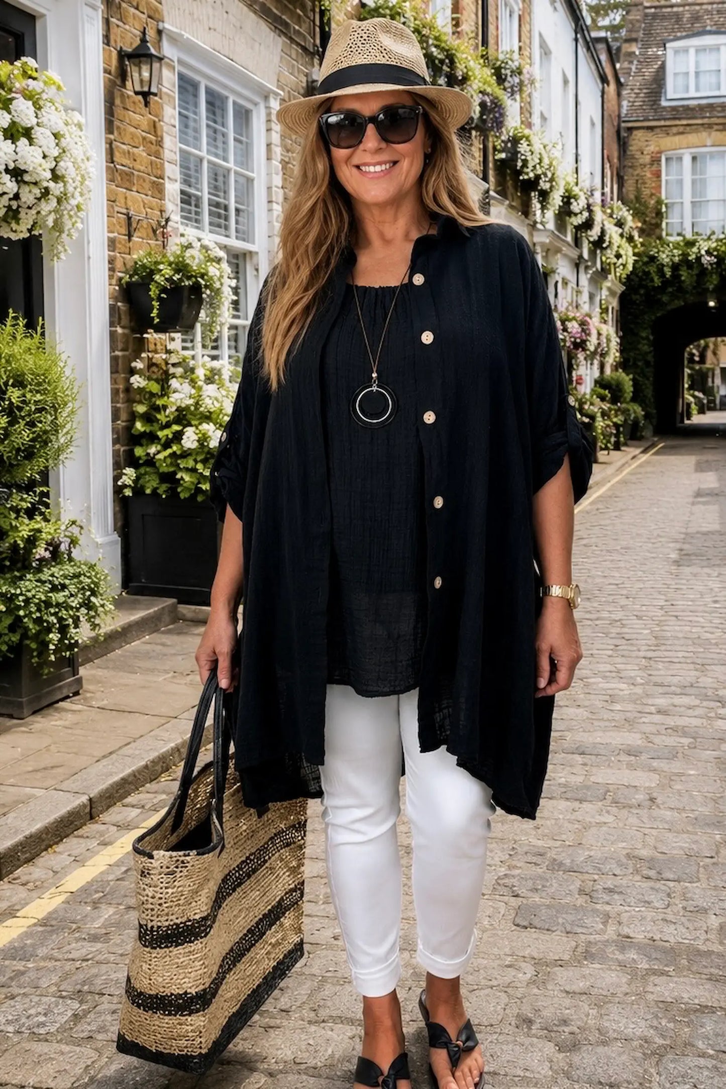 Pure Cotton Button Sleeve     Cressida Button Shirt - Black