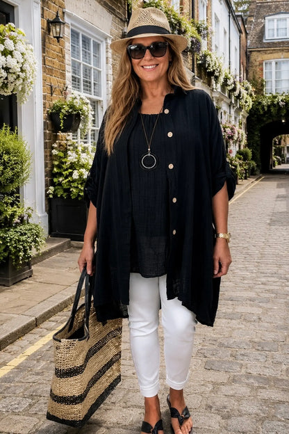 Pure Cotton Button Sleeve     Cressida Button Shirt - Black