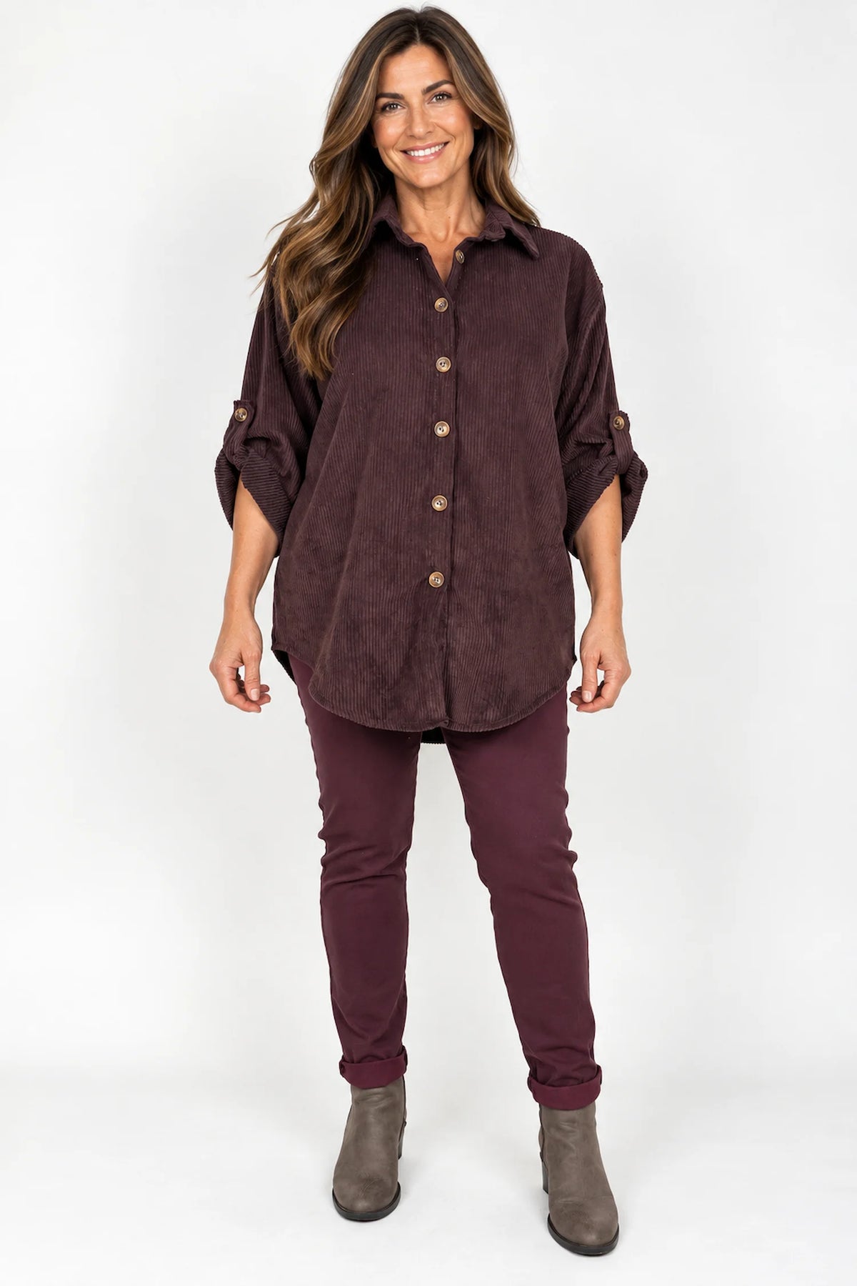 Button Sleeve Sicily Cord Button Shirt - Cherry Brown