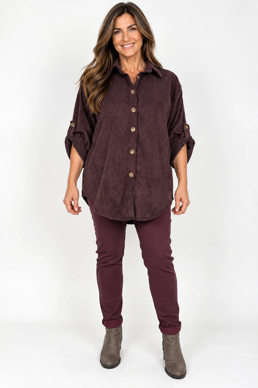 Button Sleeve Sicily Cord Button Shirt - Cherry Brown