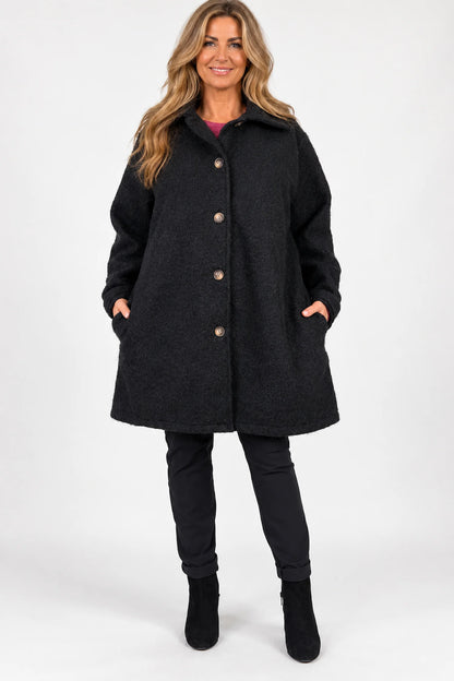 Wool Mix Brushed Double Pocket Arabella Button Coat - Black