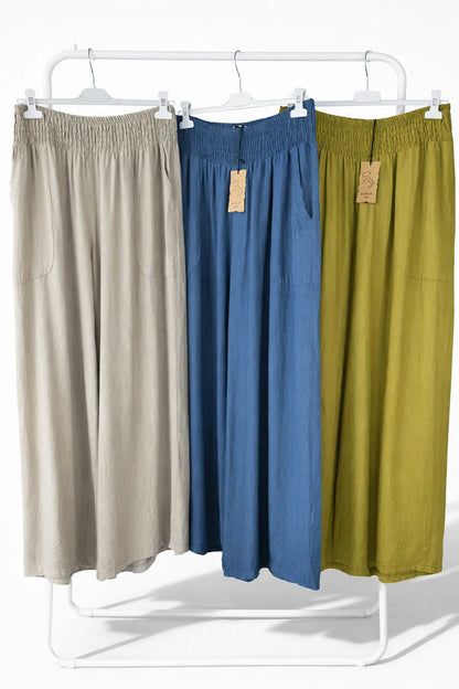 Elasticated Smocked Waist Patch Pocket Milan Wide Leg Pants - Sun-Ripened Olive Green