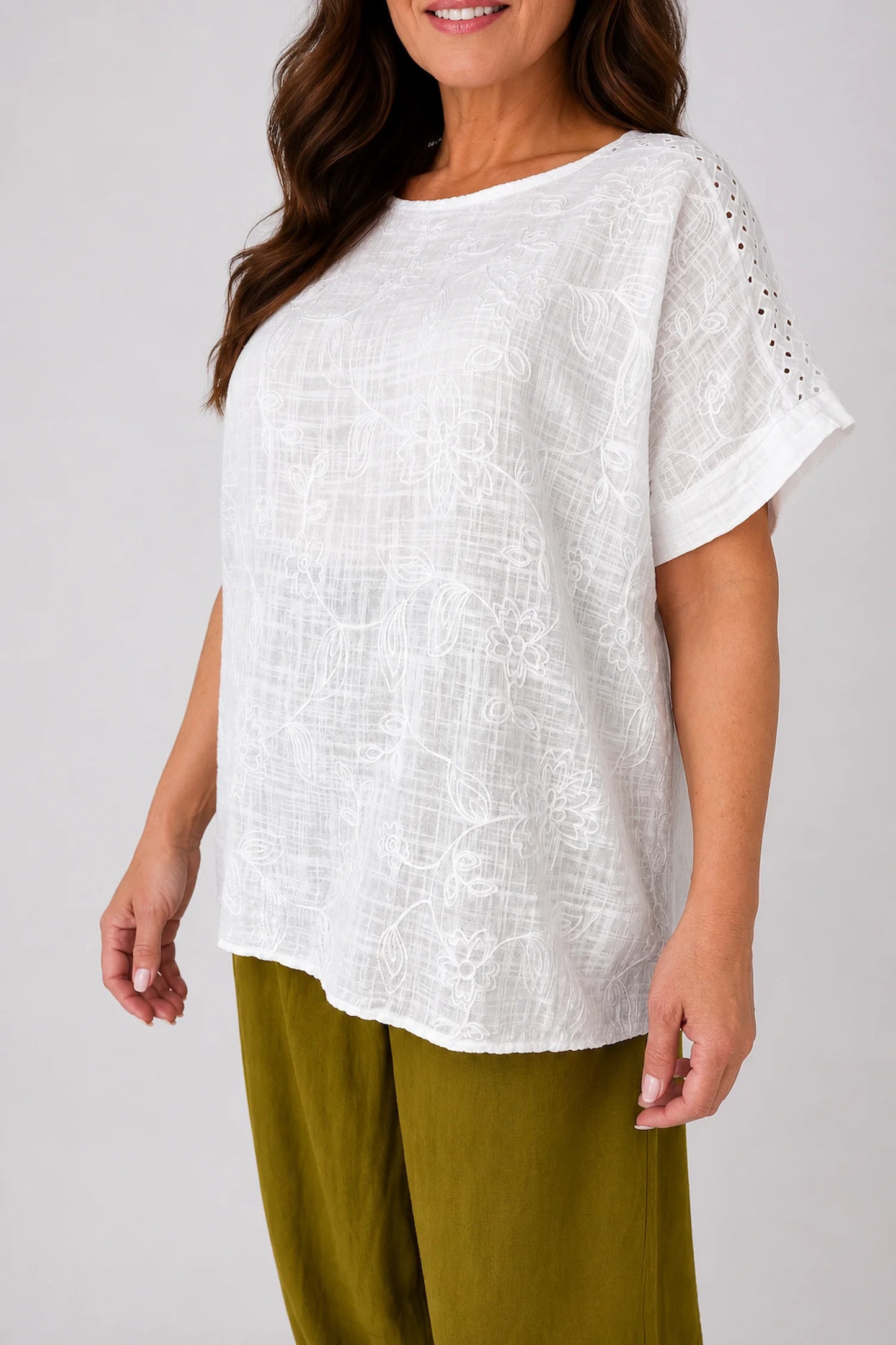 Pure Cotton Embroidery Anglaise Crochet Sleeve Devure Top - White